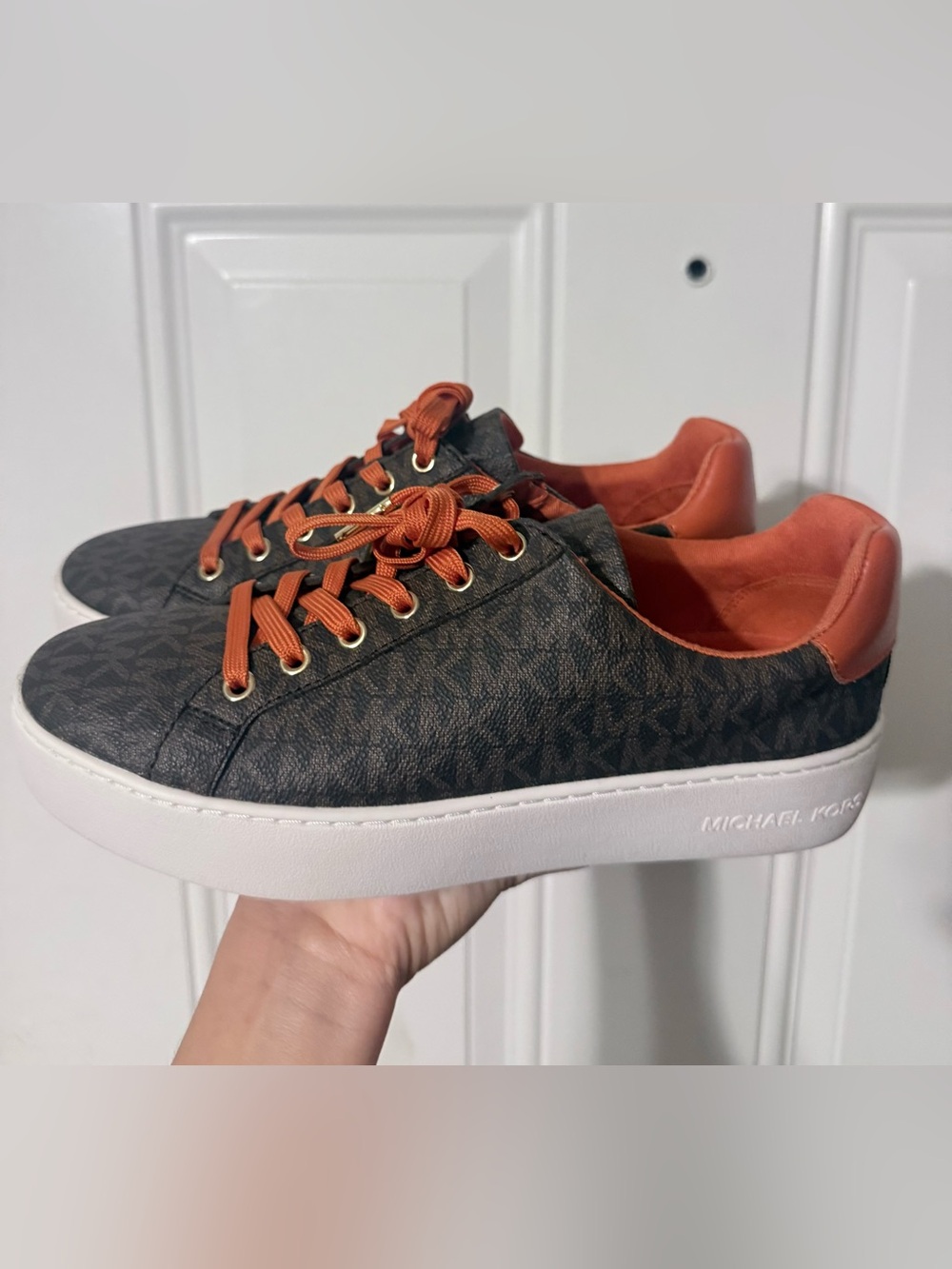 Michael Kors Brown MK Monogram Platform Sneakers with Orange Accents